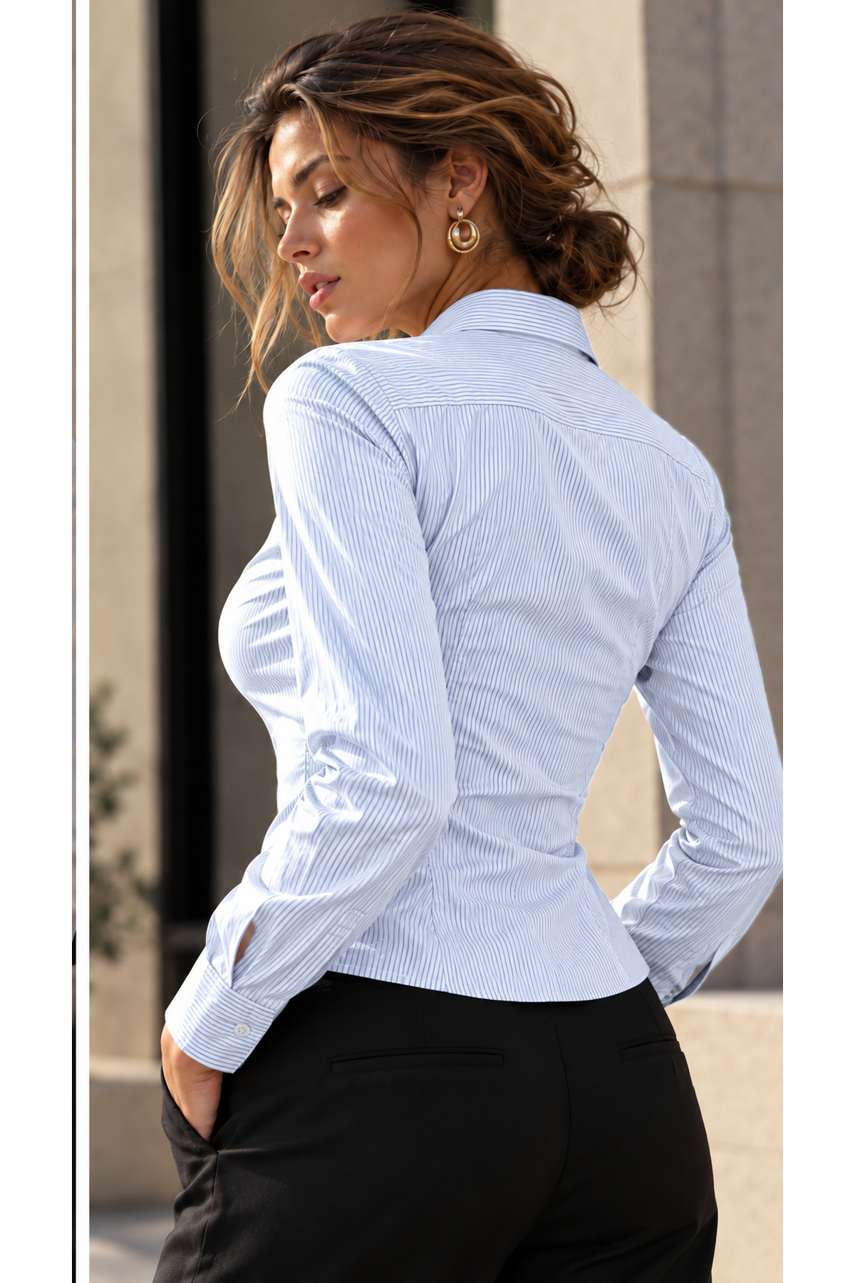 Mavi Çizgili Slim Fit Pensli Gömlek